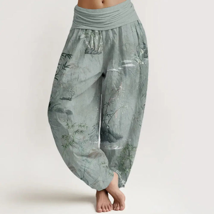 Buddha Stones Pure Cotton Casual Bamboo Rock Ink Painting Women’s Elastic Waist Harem Pants - DarkSeaGreen