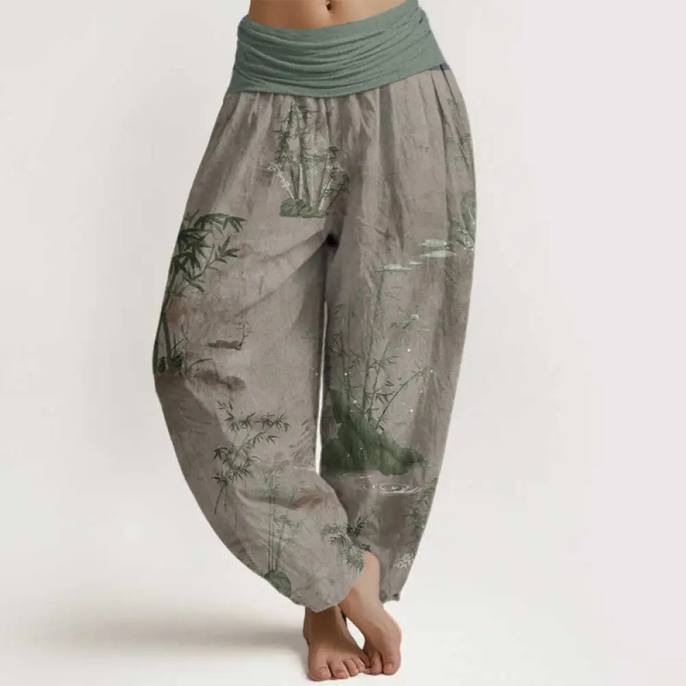 Buddha Stones Pure Cotton Casual Bamboo Rock Ink Painting Women’s Elastic Waist Harem Pants - Tan / US2，UK/AU6，EU34