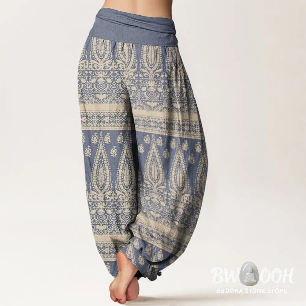 Buddha Stones Pure Cotton Casual Feather Stripes Design Women’s Elastic Waist Harem Pants - Women’s Harem Pants