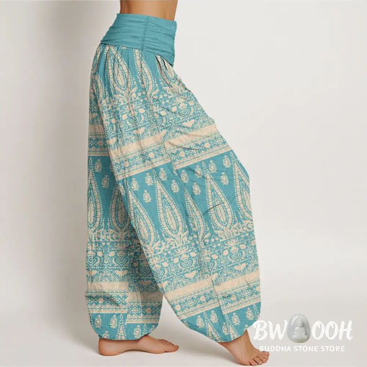 Buddha Stones Pure Cotton Casual Feather Stripes Design Women’s Elastic Waist Harem Pants - Women’s Harem Pants