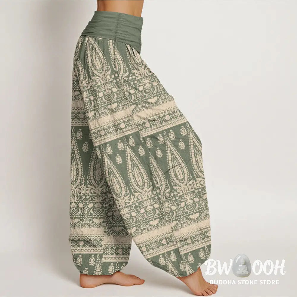 Buddha Stones Pure Cotton Casual Feather Stripes Design Women’s Elastic Waist Harem Pants - Women’s Harem Pants