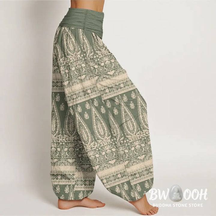 Buddha Stones Pure Cotton Casual Feather Stripes Design Women’s Elastic Waist Harem Pants - Women’s Harem Pants