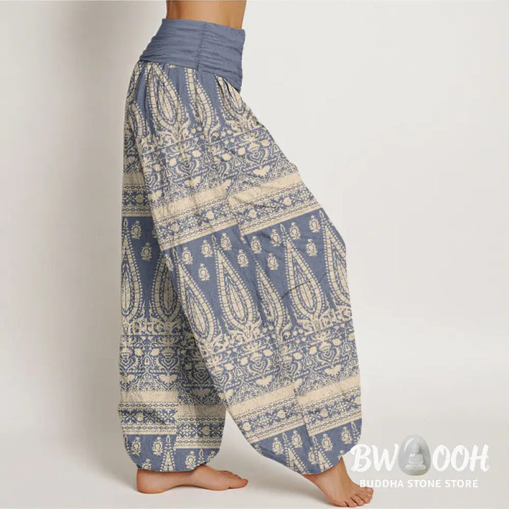 Buddha Stones Pure Cotton Casual Feather Stripes Design Women’s Elastic Waist Harem Pants - Women’s Harem Pants