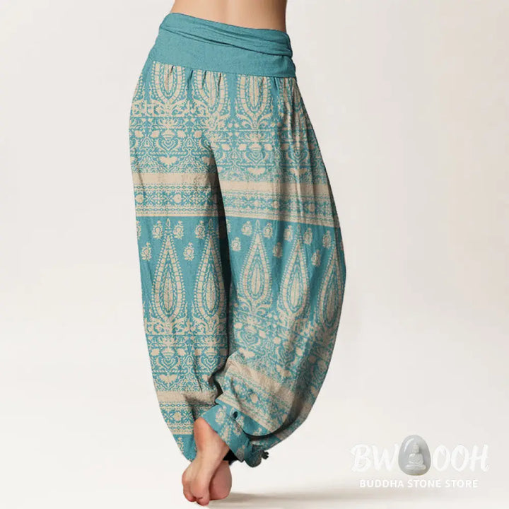 Buddha Stones Pure Cotton Casual Feather Stripes Design Women’s Elastic Waist Harem Pants - Women’s Harem Pants