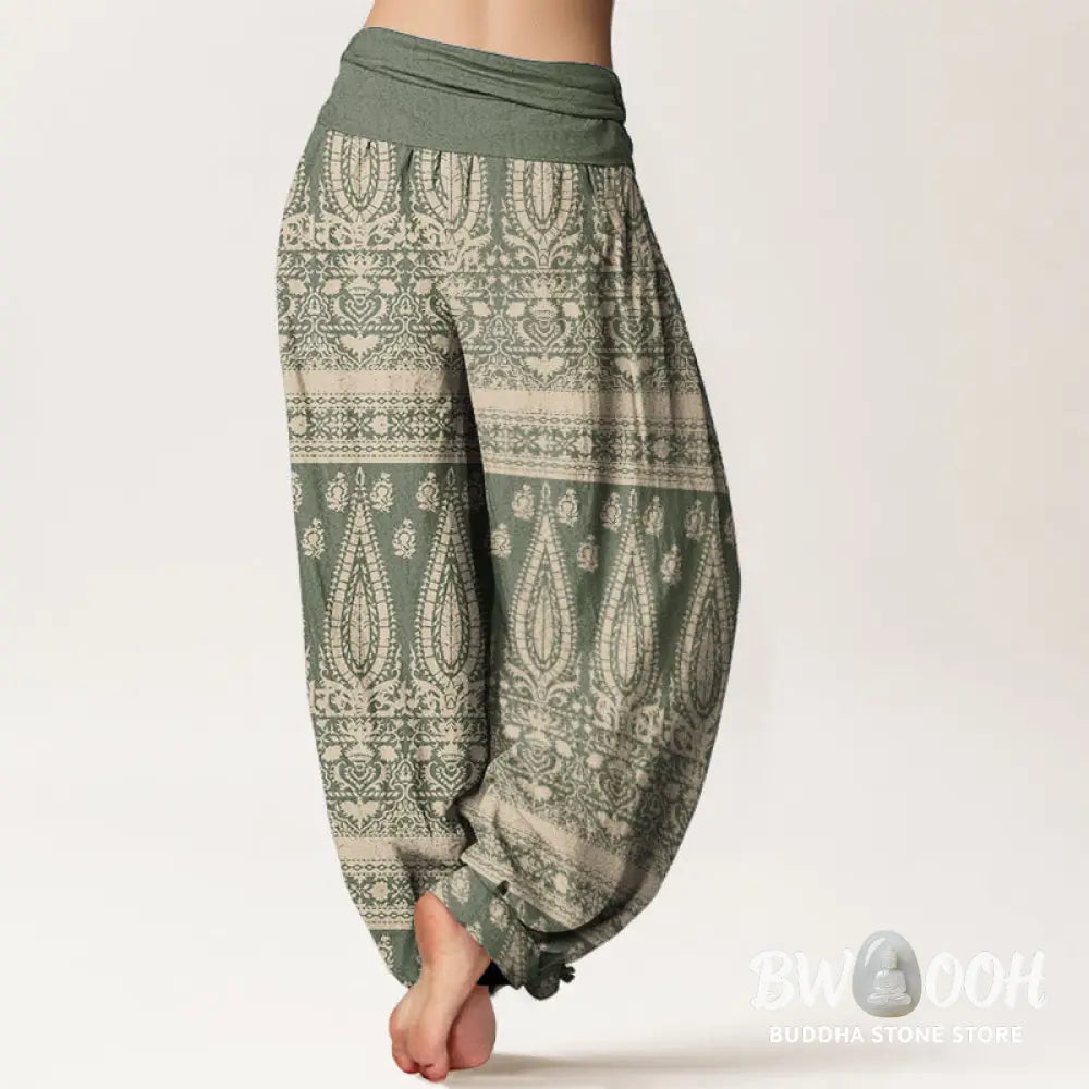 Buddha Stones Pure Cotton Casual Feather Stripes Design Women’s Elastic Waist Harem Pants - Women’s Harem Pants