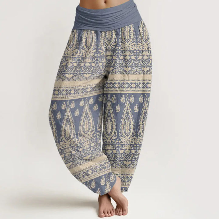 Buddha Stones Pure Cotton Casual Feather Stripes Design Women’s Elastic Waist Harem Pants - CornflowerBlue