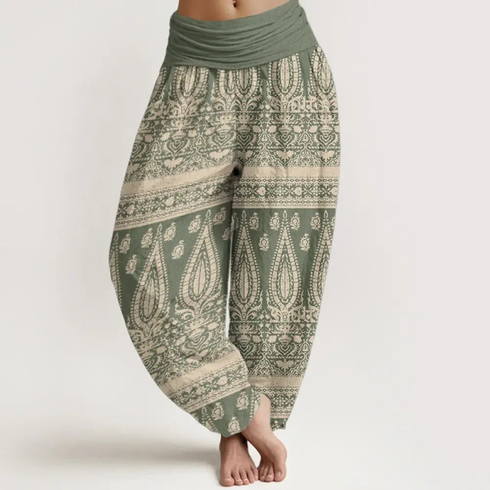 Buddha Stones Pure Cotton Casual Feather Stripes Design Women’s Elastic Waist Harem Pants - DarkSeaGreen