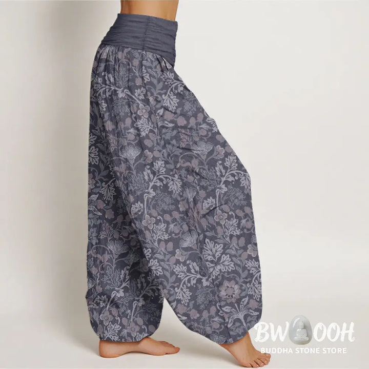 Buddha Stones Pure Cotton Casual Flower Vine Leaves Pattern Women’s Elastic Waist Harem Pants - Women’s Harem Pants