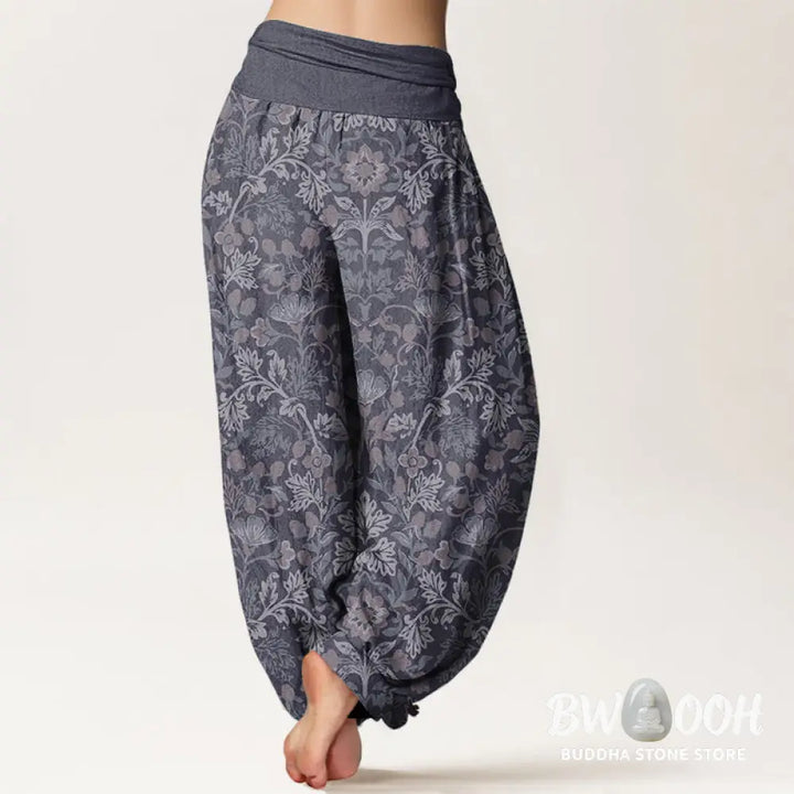 Buddha Stones Pure Cotton Casual Flower Vine Leaves Pattern Women’s Elastic Waist Harem Pants - Women’s Harem Pants