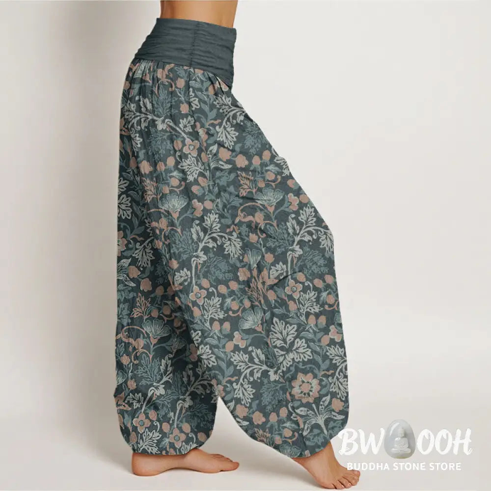 Buddha Stones Pure Cotton Casual Flower Vine Leaves Pattern Women’s Elastic Waist Harem Pants - Women’s Harem Pants