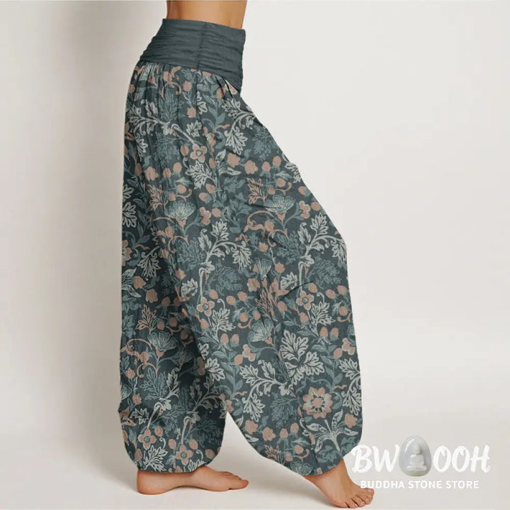 Buddha Stones Pure Cotton Casual Flower Vine Leaves Pattern Women’s Elastic Waist Harem Pants - Women’s Harem Pants