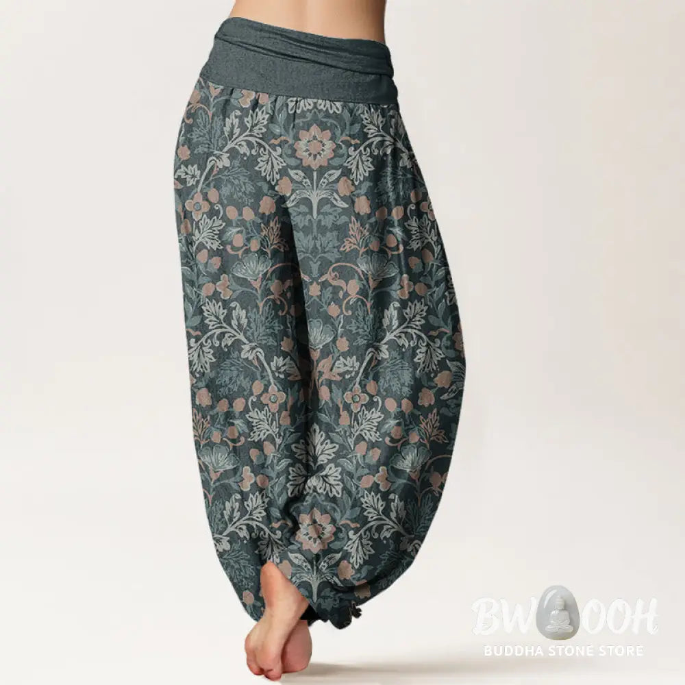 Buddha Stones Pure Cotton Casual Flower Vine Leaves Pattern Women’s Elastic Waist Harem Pants - Women’s Harem Pants