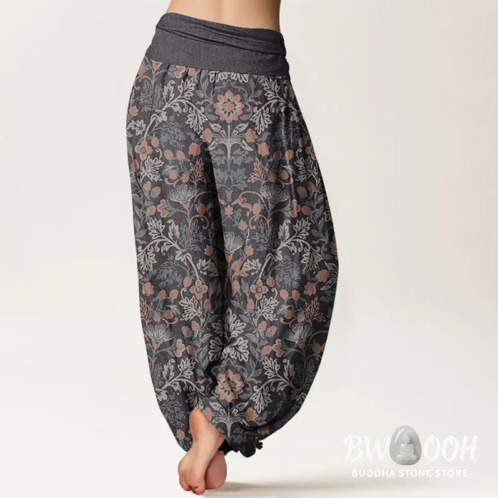Buddha Stones Pure Cotton Casual Flower Vine Leaves Pattern Women’s Elastic Waist Harem Pants - Women’s Harem Pants
