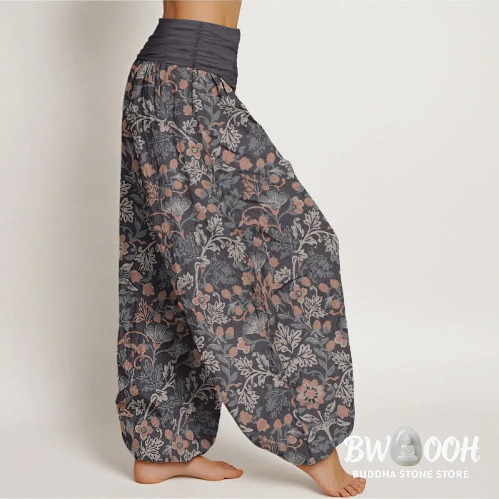 Buddha Stones Pure Cotton Casual Flower Vine Leaves Pattern Women’s Elastic Waist Harem Pants - Women’s Harem Pants