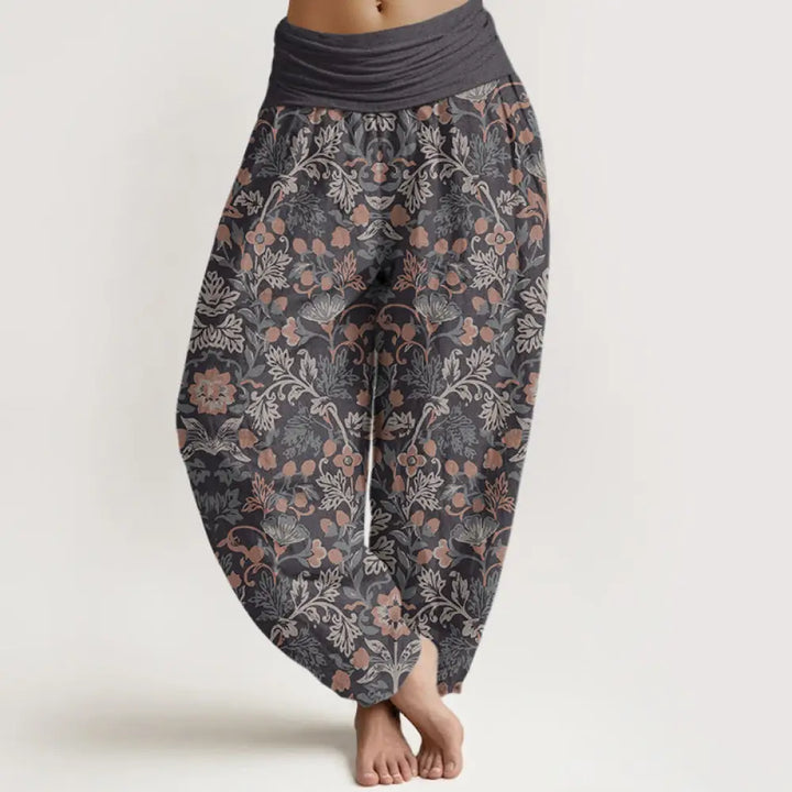 Buddha Stones Pure Cotton Casual Flower Vine Leaves Pattern Women’s Elastic Waist Harem Pants - RosyBrown