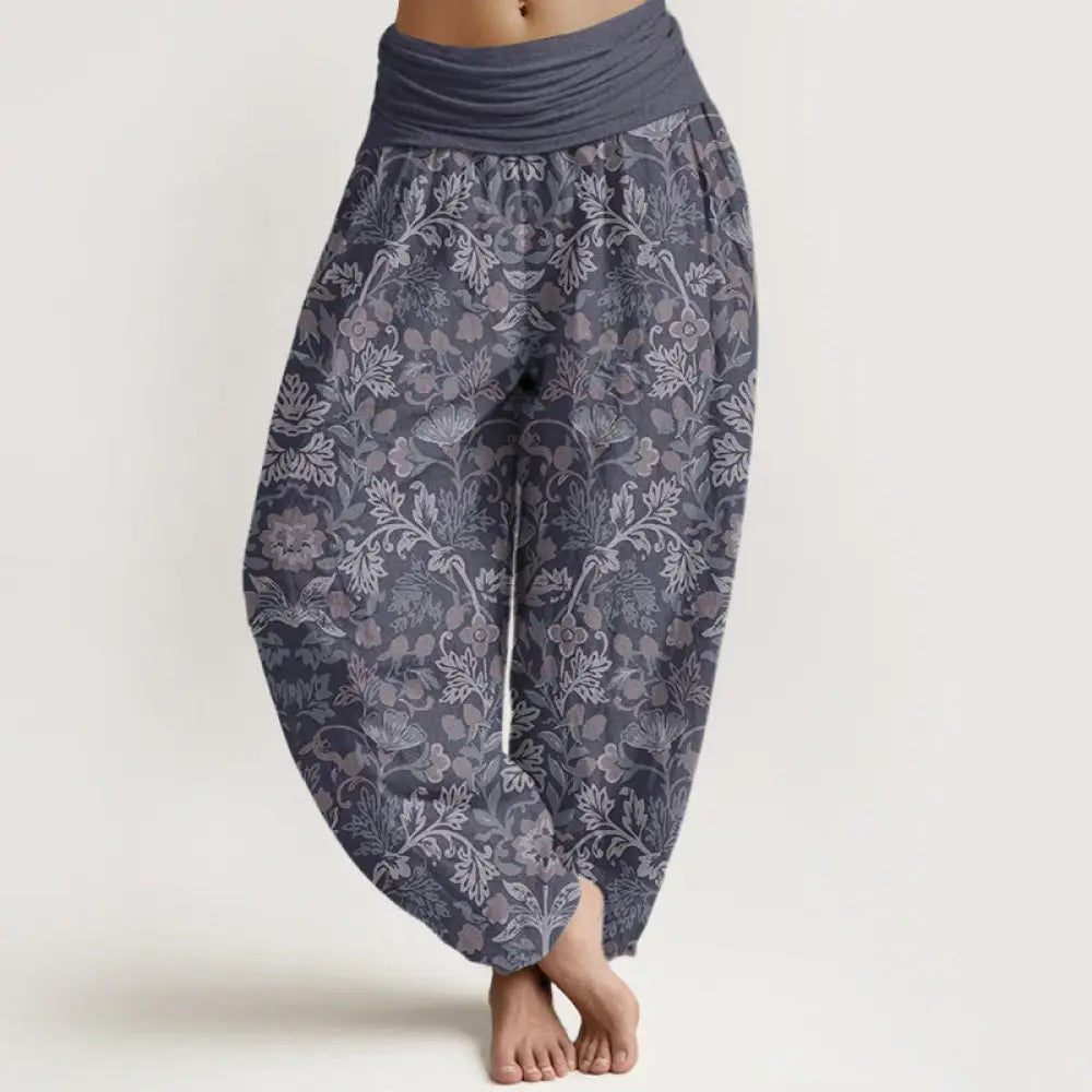 Buddha Stones Pure Cotton Casual Flower Vine Leaves Pattern Women’s Elastic Waist Harem Pants - Thistle