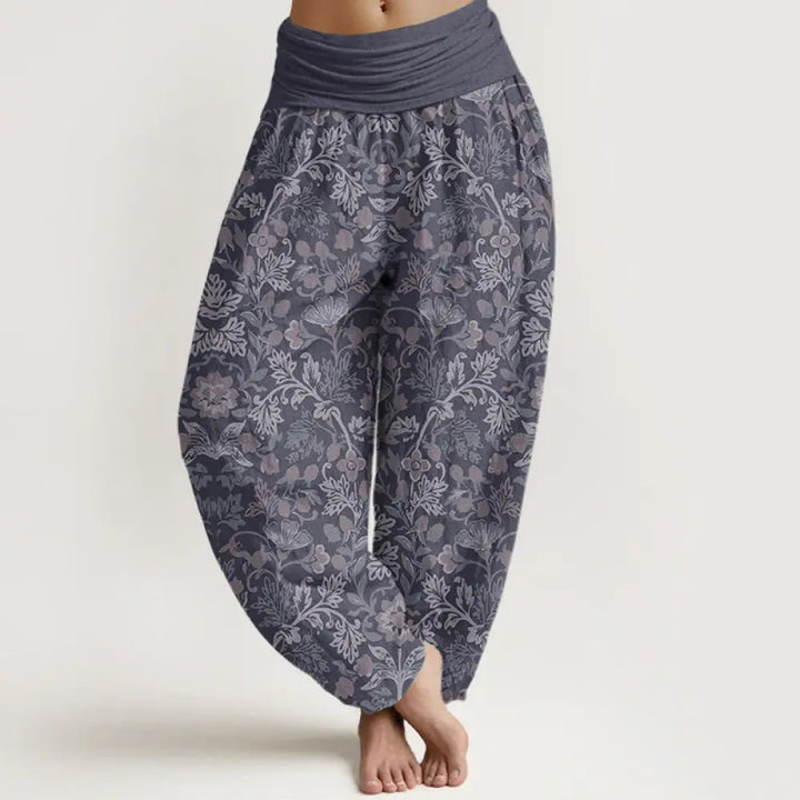 Buddha Stones Pure Cotton Casual Flower Vine Leaves Pattern Women’s Elastic Waist Harem Pants - Thistle