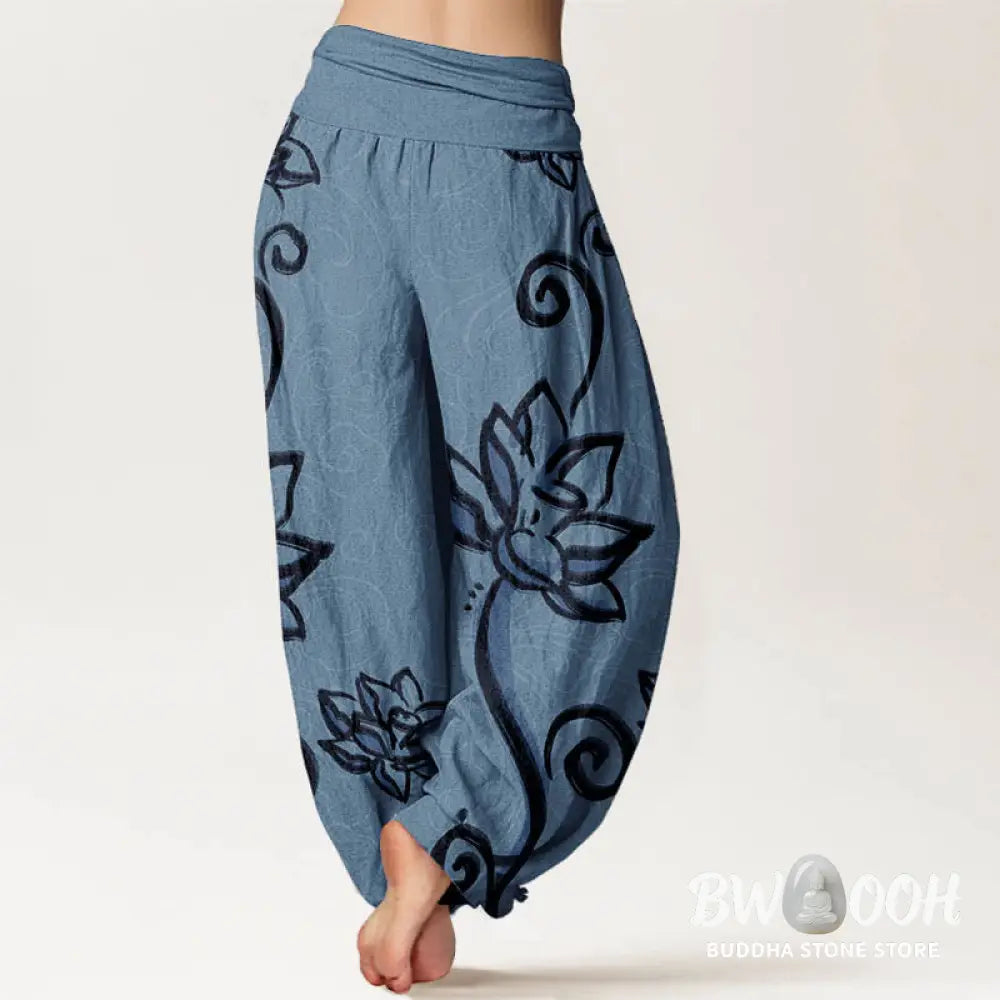 Buddha Stones Pure Cotton Casual Lotus Auspicious Clouds Design Women’s Elastic Waist Harem Pants - Women’s Harem Pants