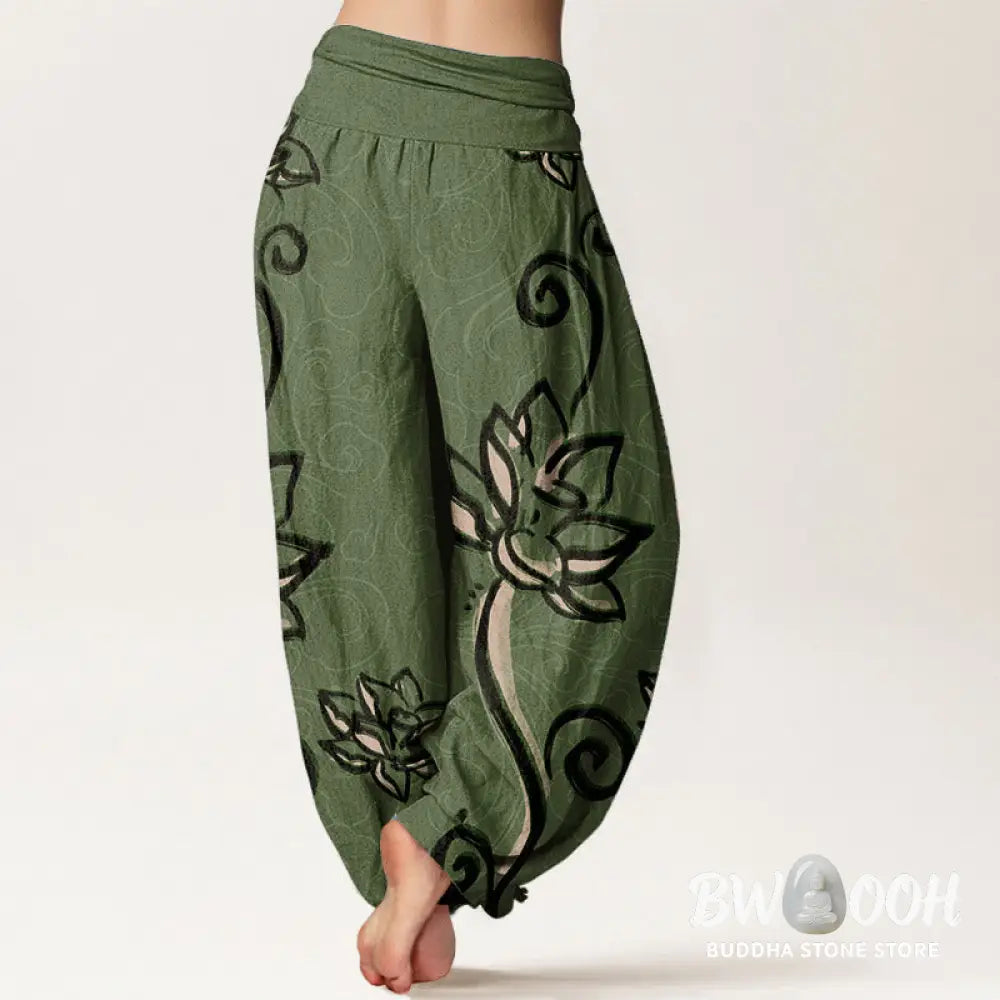 Buddha Stones Pure Cotton Casual Lotus Auspicious Clouds Design Women’s Elastic Waist Harem Pants - Women’s Harem Pants