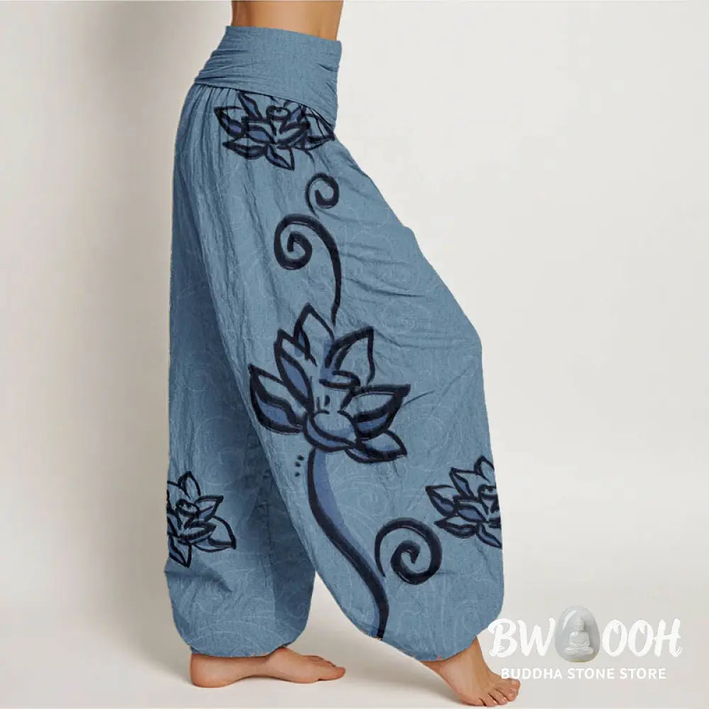 Buddha Stones Pure Cotton Casual Lotus Auspicious Clouds Design Women’s Elastic Waist Harem Pants - Women’s Harem Pants