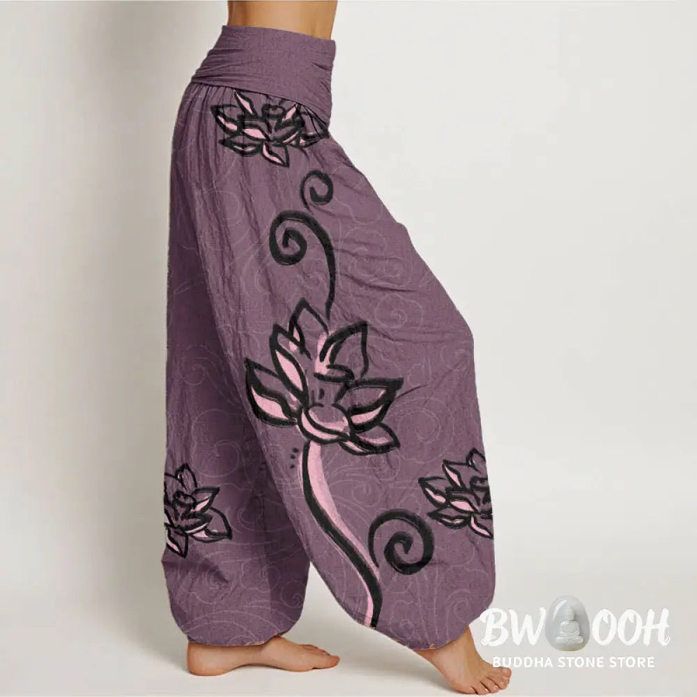 Buddha Stones Pure Cotton Casual Lotus Auspicious Clouds Design Women’s Elastic Waist Harem Pants - Women’s Harem Pants