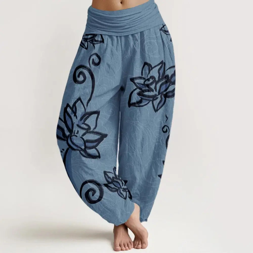 Buddha Stones Pure Cotton Casual Lotus Auspicious Clouds Design Women’s Elastic Waist Harem Pants - MediumTurquoise