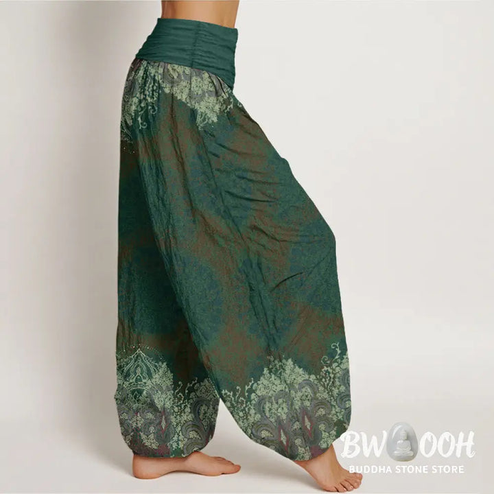 Buddha Stones Pure Cotton Casual Lycoris Radiata Mandala Pattern Women’s Elastic Waist Harem Pants - Women’s Harem Pants