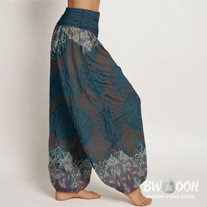 Buddha Stones Pure Cotton Casual Lycoris Radiata Mandala Pattern Women’s Elastic Waist Harem Pants - Women’s Harem Pants