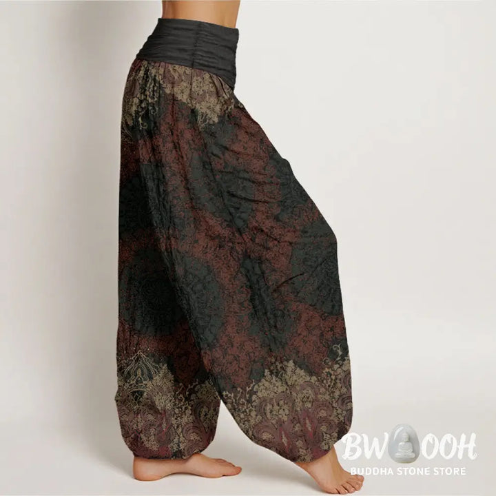 Buddha Stones Pure Cotton Casual Lycoris Radiata Mandala Pattern Women’s Elastic Waist Harem Pants - Women’s Harem Pants
