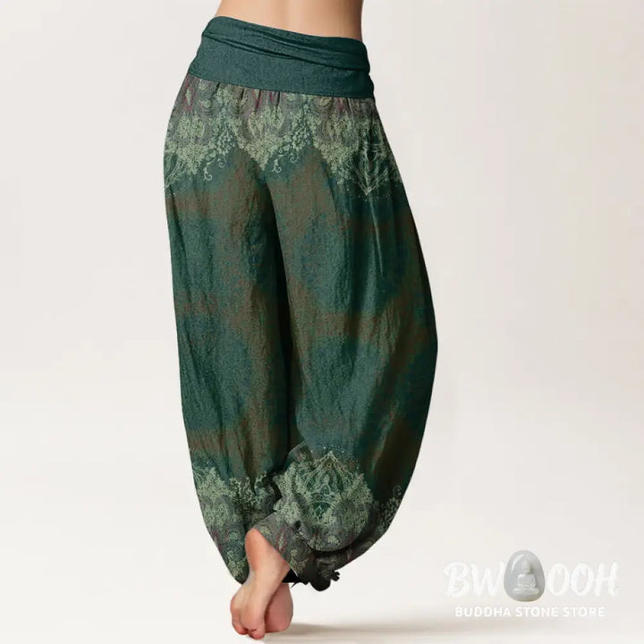 Buddha Stones Pure Cotton Casual Lycoris Radiata Mandala Pattern Women’s Elastic Waist Harem Pants - Women’s Harem Pants