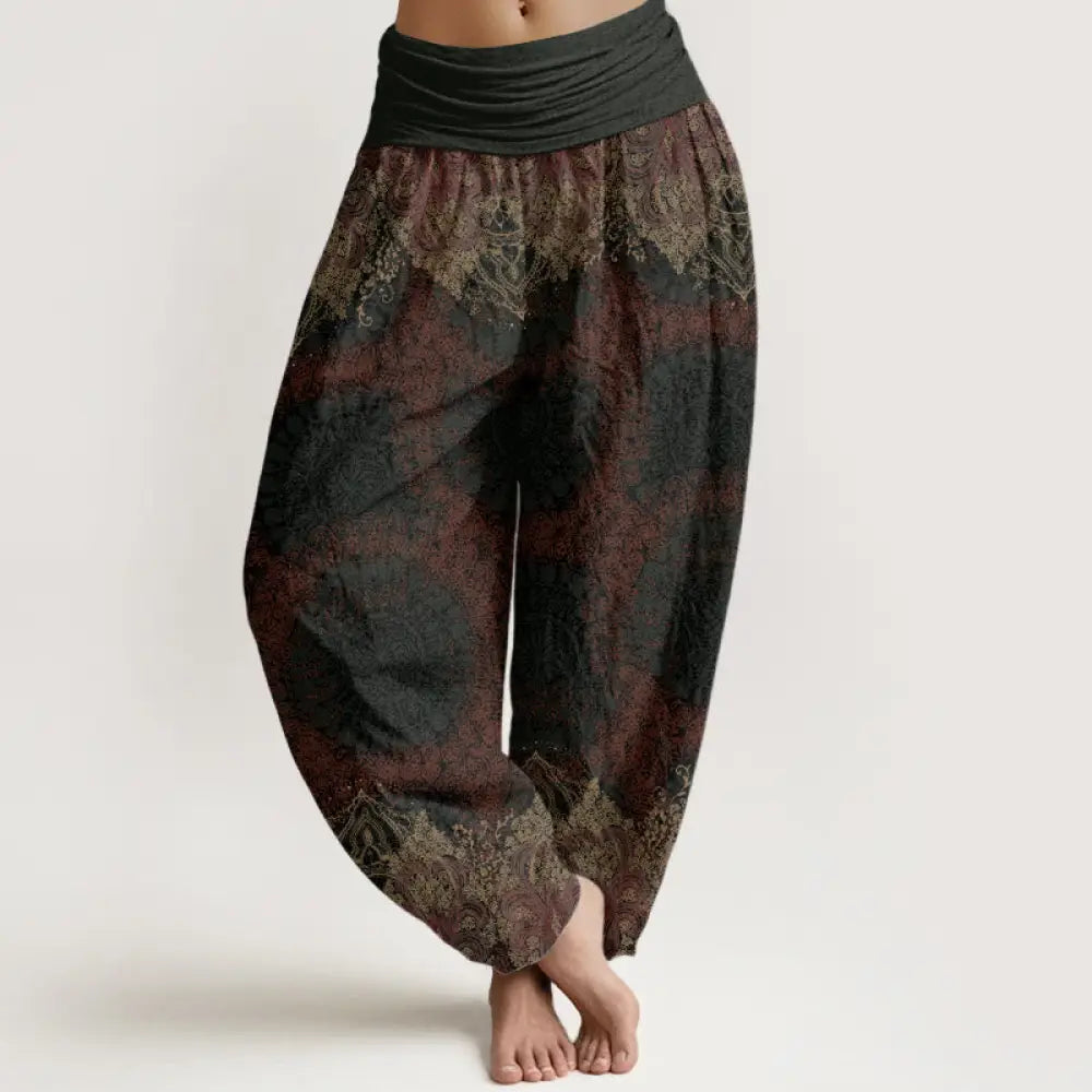 Buddha Stones Pure Cotton Casual Lycoris Radiata Mandala Pattern Women’s Elastic Waist Harem Pants - Black
