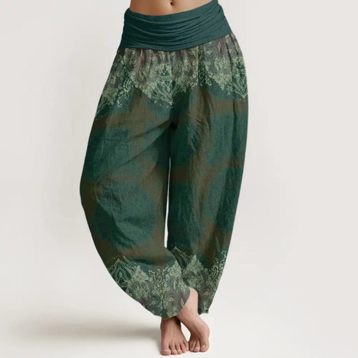 Buddha Stones Pure Cotton Casual Lycoris Radiata Mandala Pattern Women’s Elastic Waist Harem Pants - SeaGreen