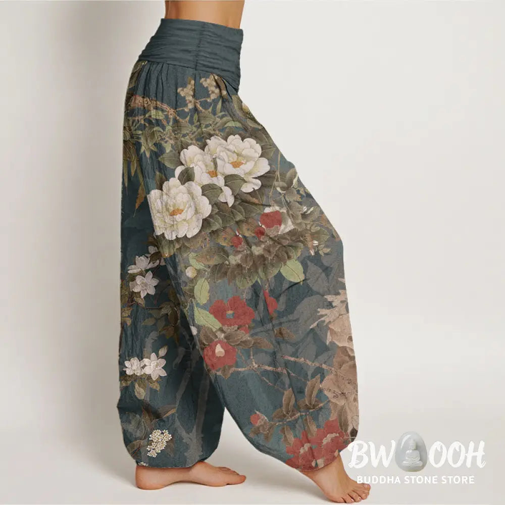 Buddha Stones Pure Cotton Casual Peony Flowers Leaves Magpie Women’s Elastic Waist Harem Pants - Women’s Harem Pants