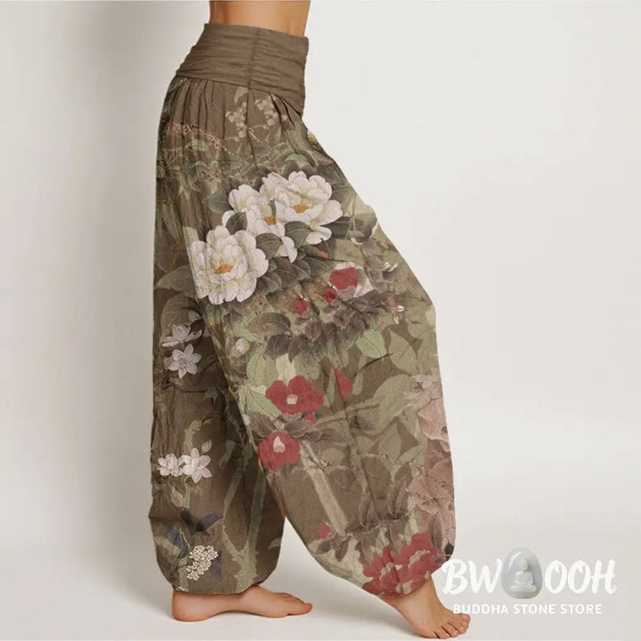 Buddha Stones Pure Cotton Casual Peony Flowers Leaves Magpie Women’s Elastic Waist Harem Pants - Women’s Harem Pants