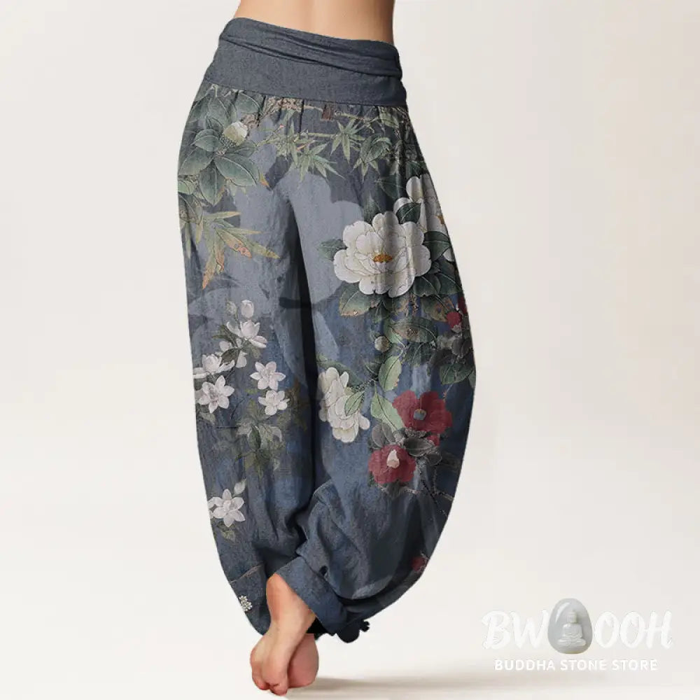 Buddha Stones Pure Cotton Casual Peony Flowers Leaves Magpie Women’s Elastic Waist Harem Pants - Women’s Harem Pants