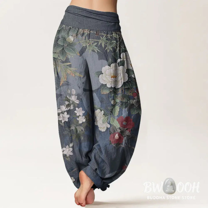 Buddha Stones Pure Cotton Casual Peony Flowers Leaves Magpie Women’s Elastic Waist Harem Pants - Women’s Harem Pants