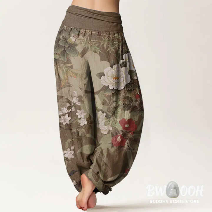 Buddha Stones Pure Cotton Casual Peony Flowers Leaves Magpie Women’s Elastic Waist Harem Pants - Women’s Harem Pants