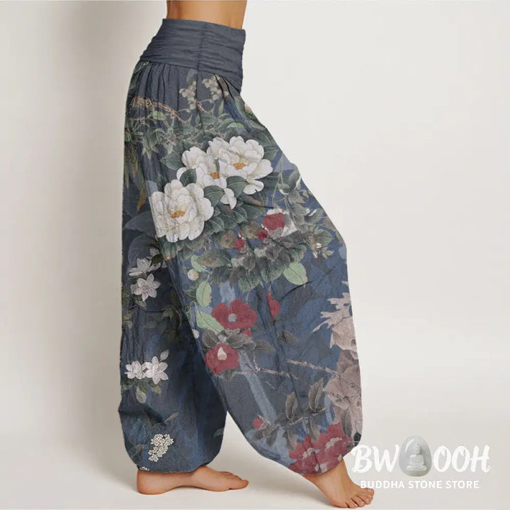 Buddha Stones Pure Cotton Casual Peony Flowers Leaves Magpie Women’s Elastic Waist Harem Pants - Women’s Harem Pants