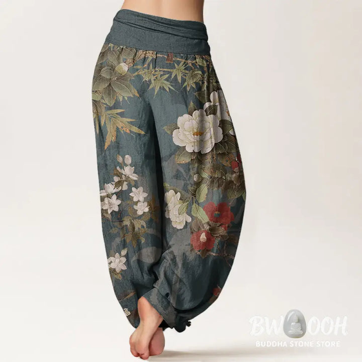 Buddha Stones Pure Cotton Casual Peony Flowers Leaves Magpie Women’s Elastic Waist Harem Pants - Women’s Harem Pants