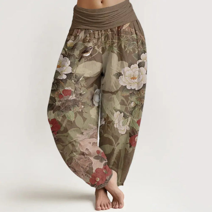 Buddha Stones Pure Cotton Casual Peony Flowers Leaves Magpie Women’s Elastic Waist Harem Pants - DarkGoldenrod