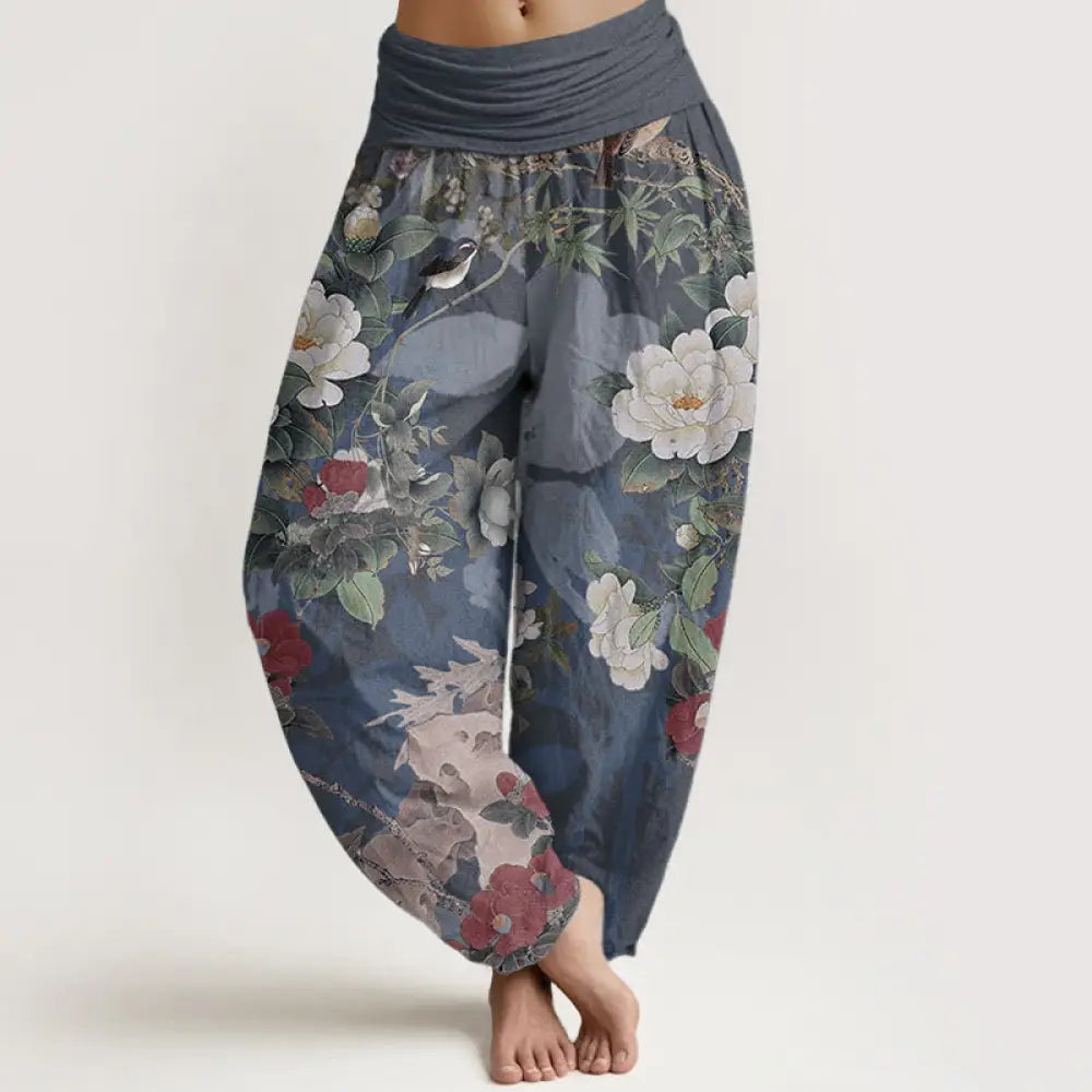 Buddha Stones Pure Cotton Casual Peony Flowers Leaves Magpie Women’s Elastic Waist Harem Pants - SteelBlue