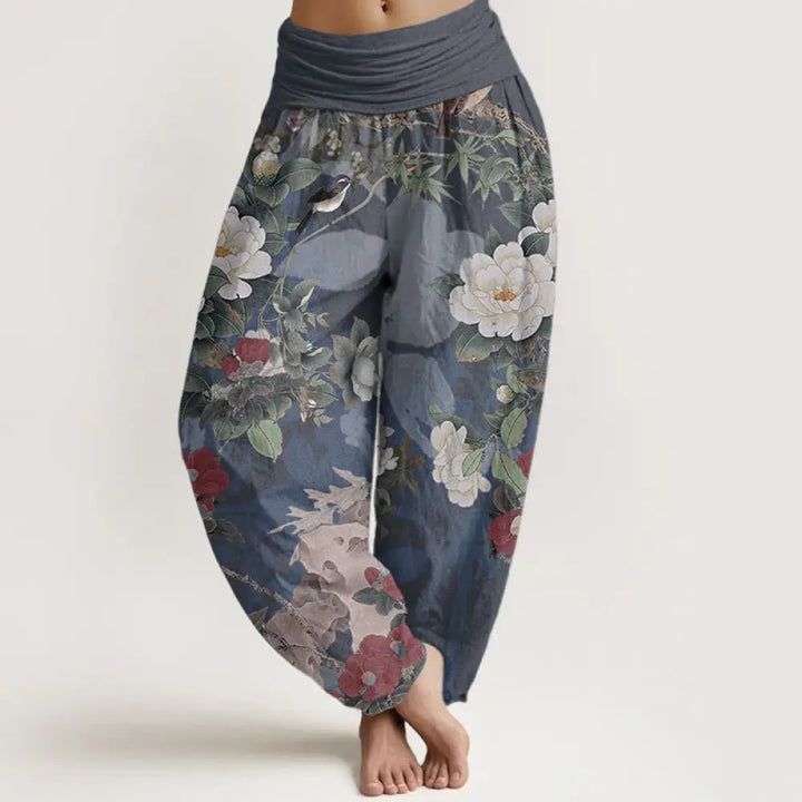 Buddha Stones Pure Cotton Casual Peony Flowers Leaves Magpie Women’s Elastic Waist Harem Pants - SteelBlue