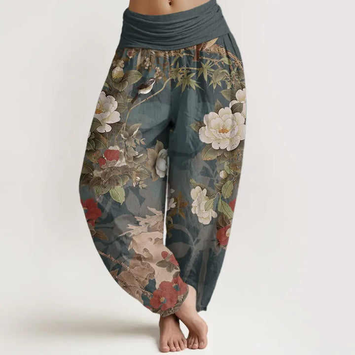 BWOOOH printed harem pants - Pure Cotton Casual Peony Flowers Leaves 