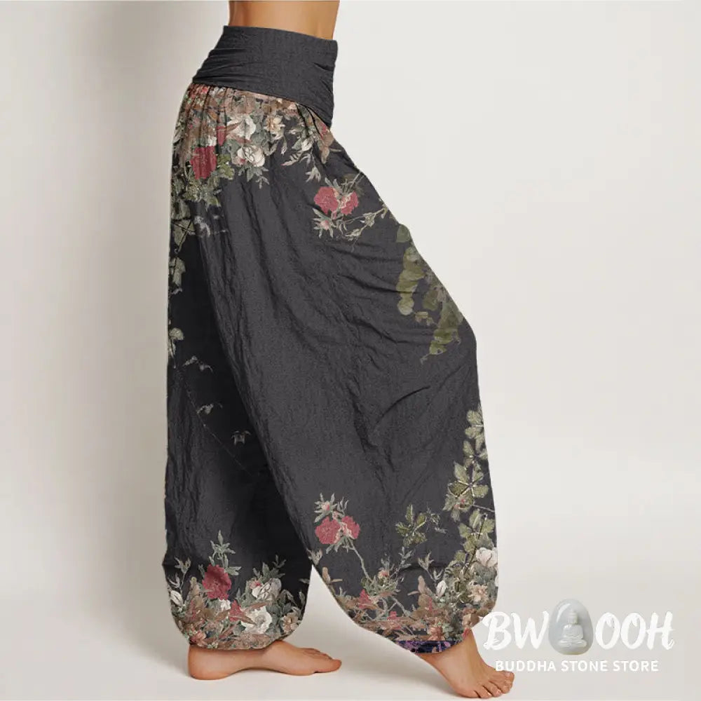 Buddha Stones Pure Cotton Casual Red Peony Flower Vine Design Women’s Elastic Waist Harem Pants - Women’s Harem Pants