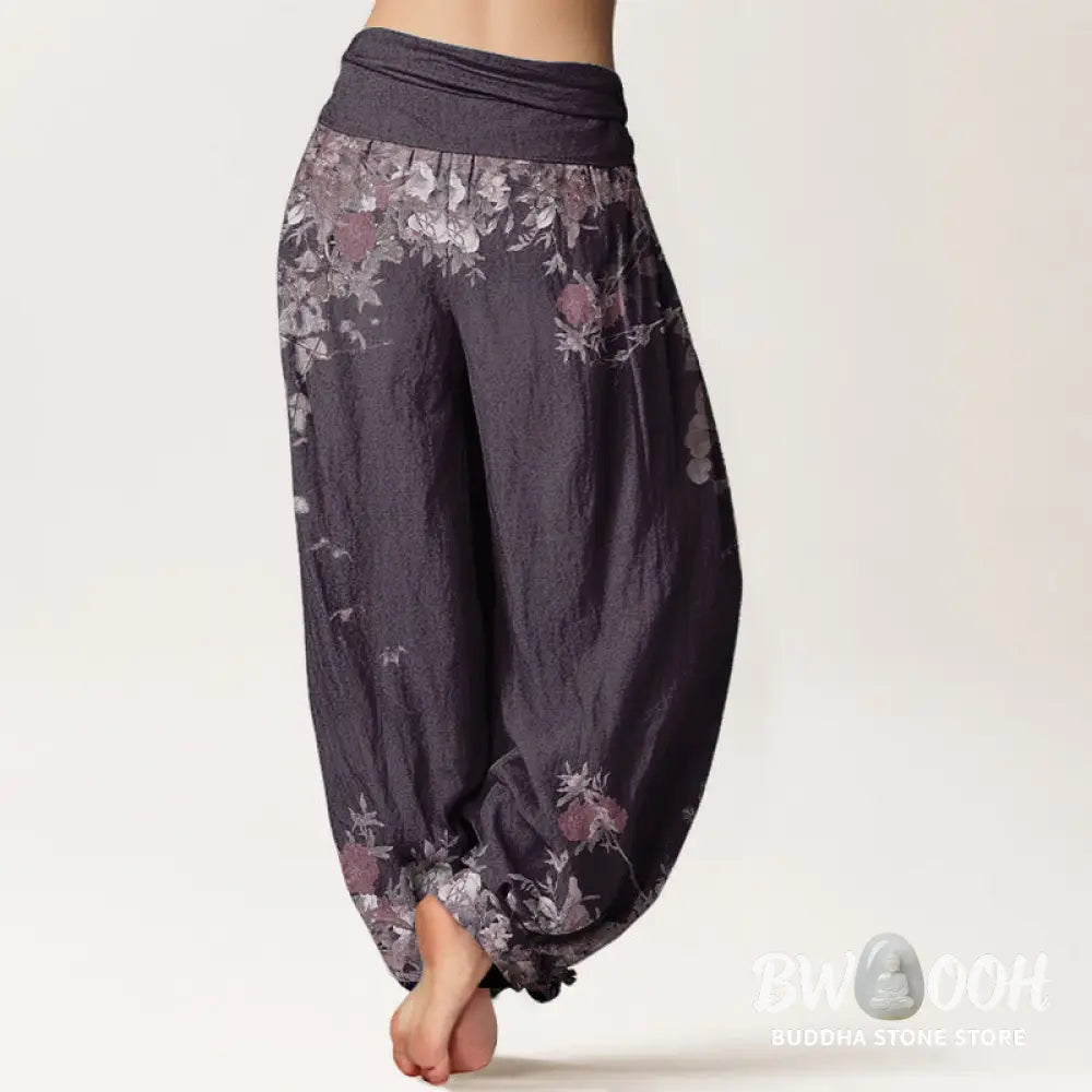 Buddha Stones Pure Cotton Casual Red Peony Flower Vine Design Women’s Elastic Waist Harem Pants - Women’s Harem Pants