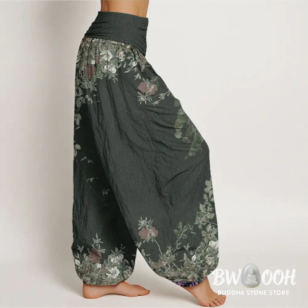 Buddha Stones Pure Cotton Casual Red Peony Flower Vine Design Women’s Elastic Waist Harem Pants - Women’s Harem Pants