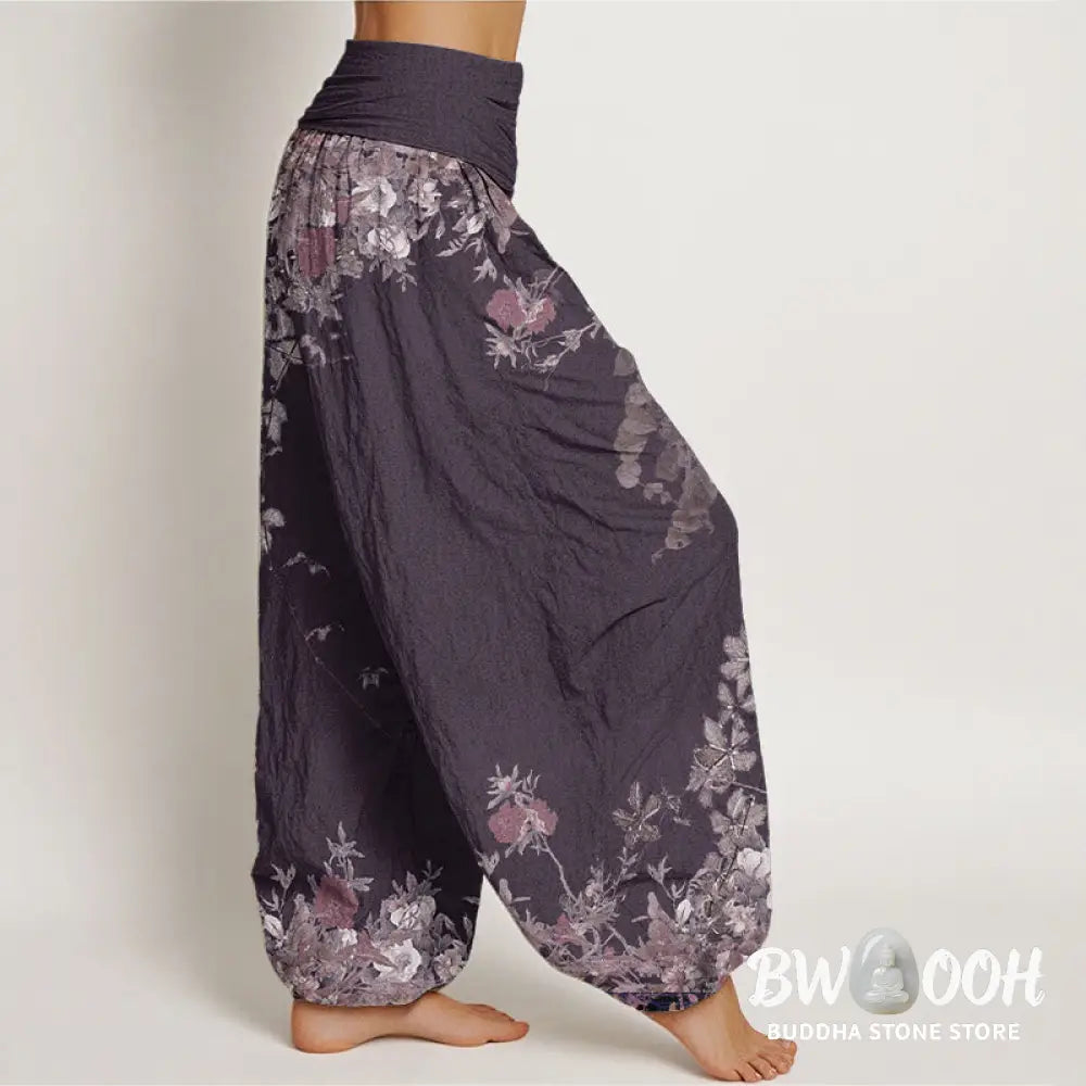 Buddha Stones Pure Cotton Casual Red Peony Flower Vine Design Women’s Elastic Waist Harem Pants - Women’s Harem Pants