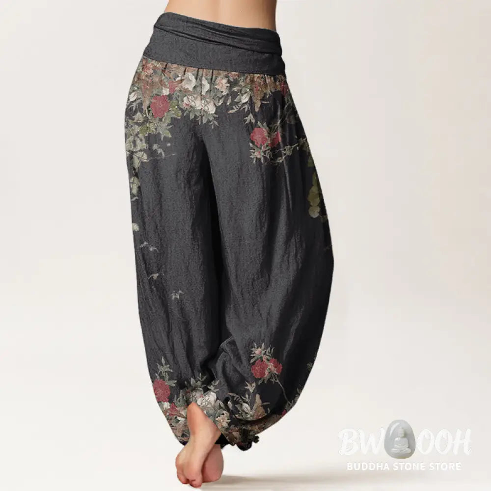 Buddha Stones Pure Cotton Casual Red Peony Flower Vine Design Women’s Elastic Waist Harem Pants - Women’s Harem Pants