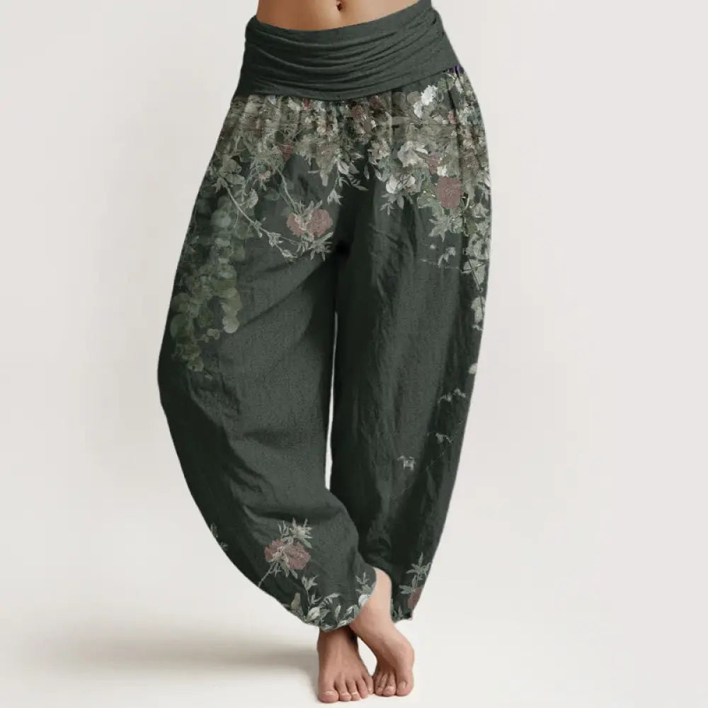 Buddha Stones Pure Cotton Casual Red Peony Flower Vine Design Women’s Elastic Waist Harem Pants - CadetBlue