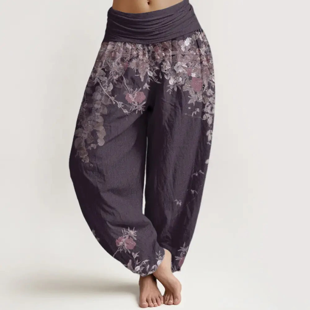 Buddha Stones Pure Cotton Casual Red Peony Flower Vine Design Women’s Elastic Waist Harem Pants - DarkMagenta